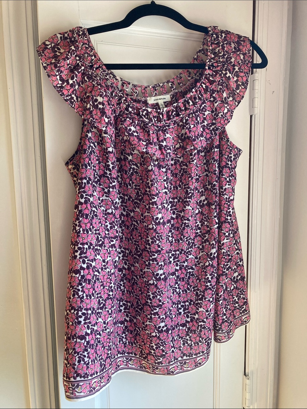 Max Studio Pink and Purple Floral Cutout Neck Blouse